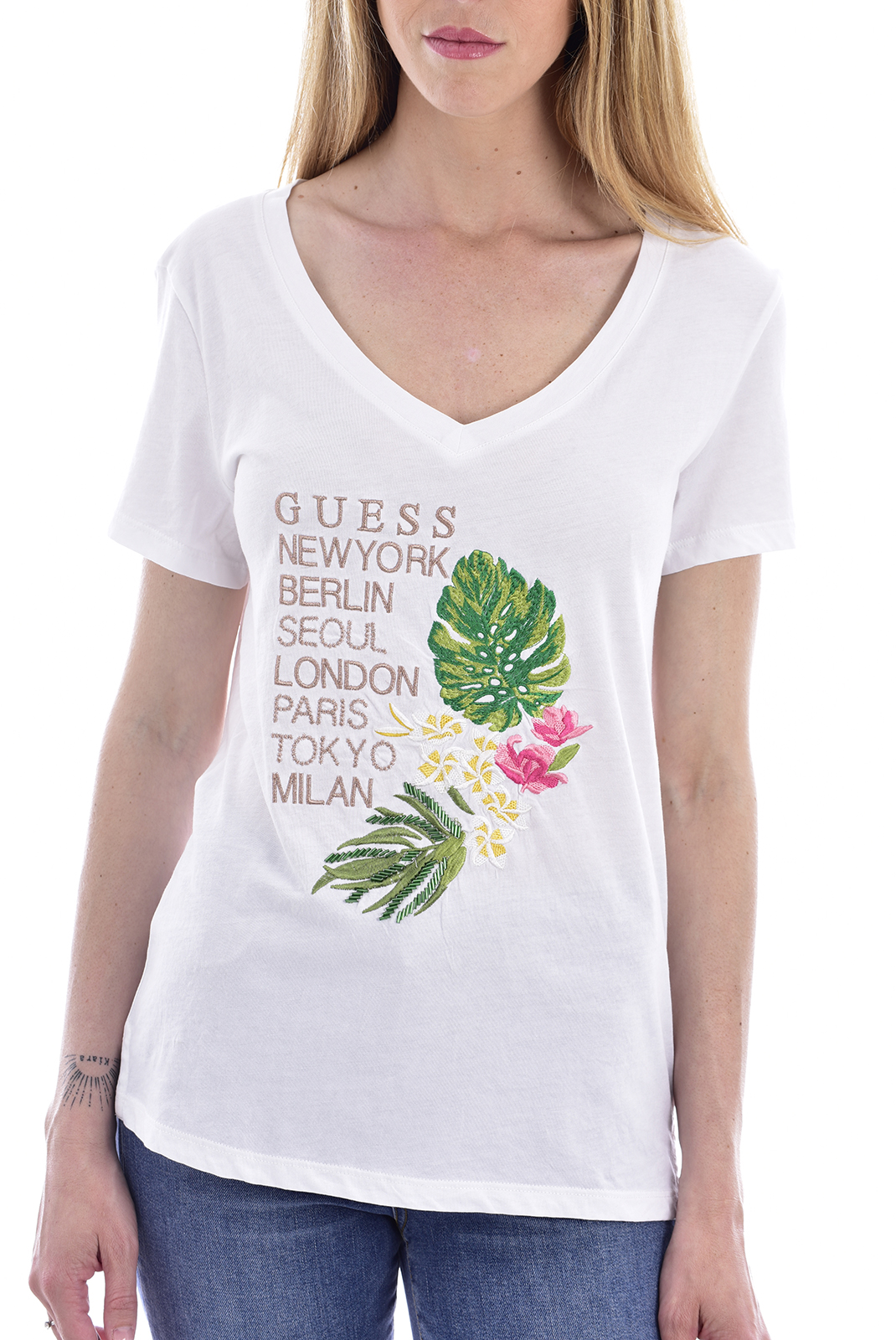 Tee-shirt blanc broderie Guess - col V W92i58