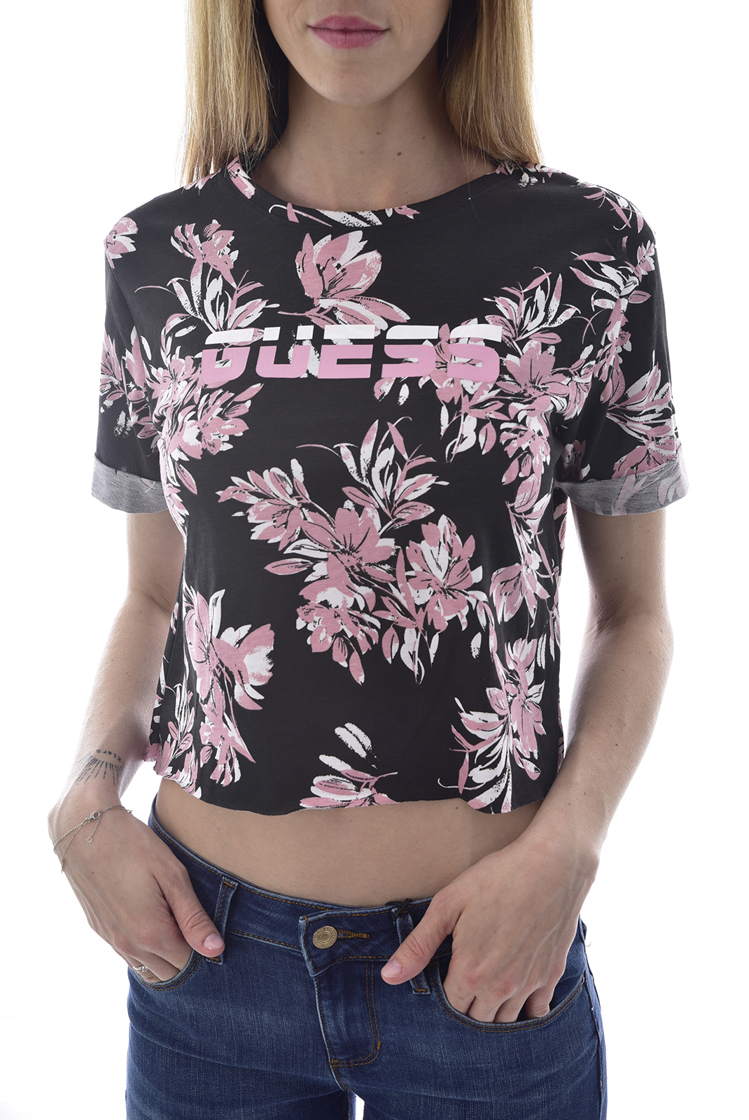 Guess Crop Top Noir Fleuri À Manches Courtes O02a18