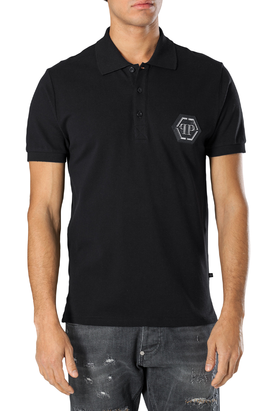 Polo noir en coton pour homme Philipp Plein - Mtk0873 Pjy002n