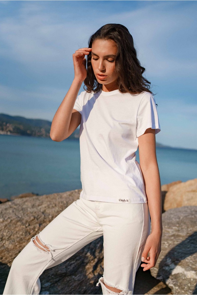 Tee-Shirt blanc uni en coton & col rond - femme