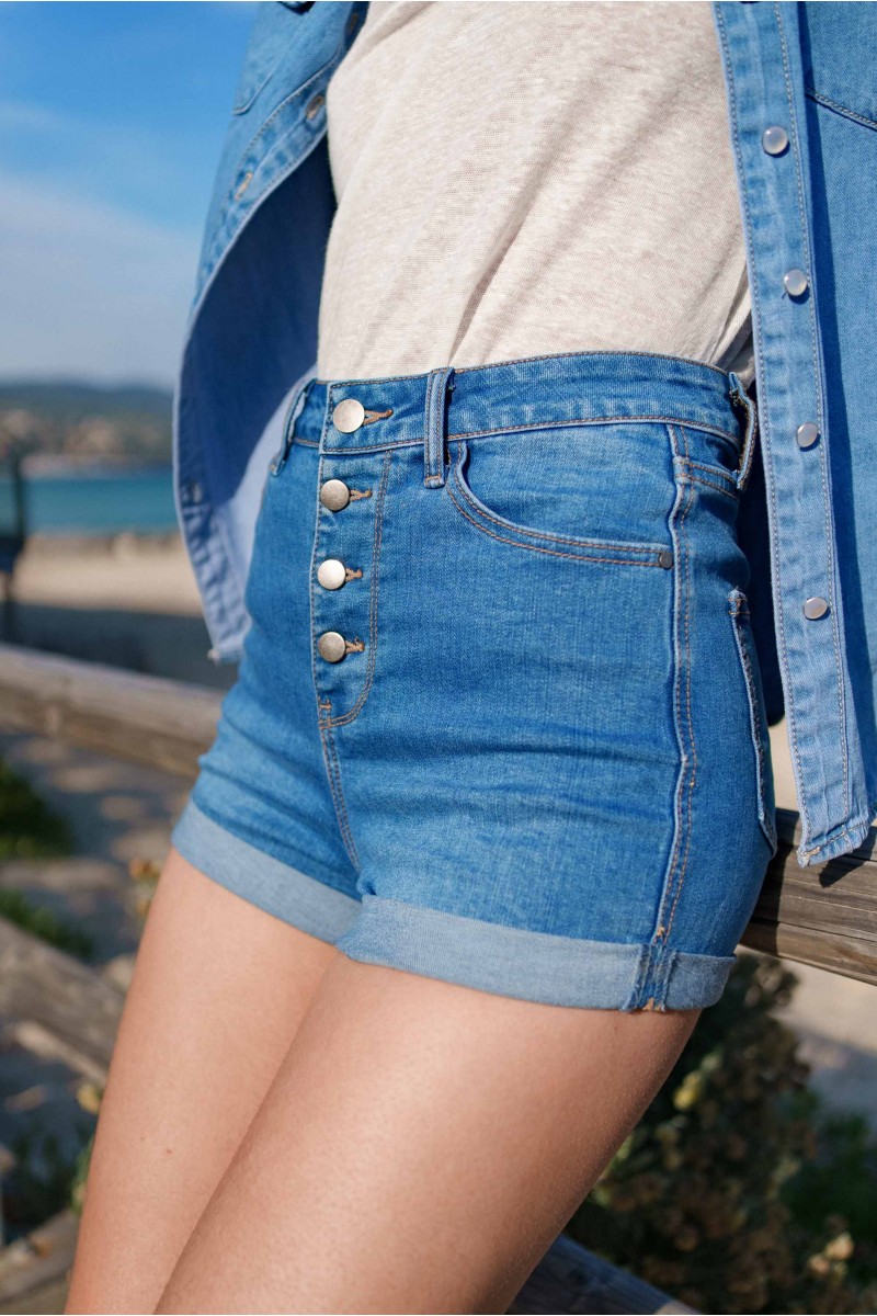 Short Bleu Denim Taille Haute Avec Boutons