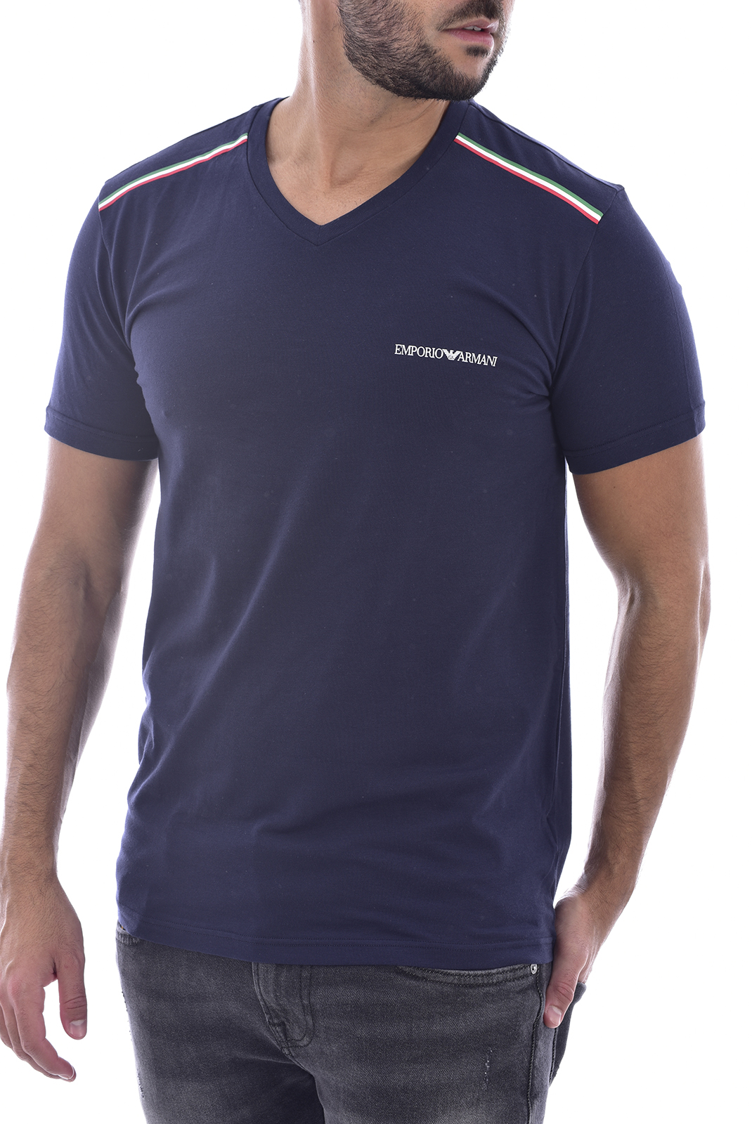 Emporio Armani Tee-shirt Bleu Stretch Avec Bande Tricolore 111556 0a510