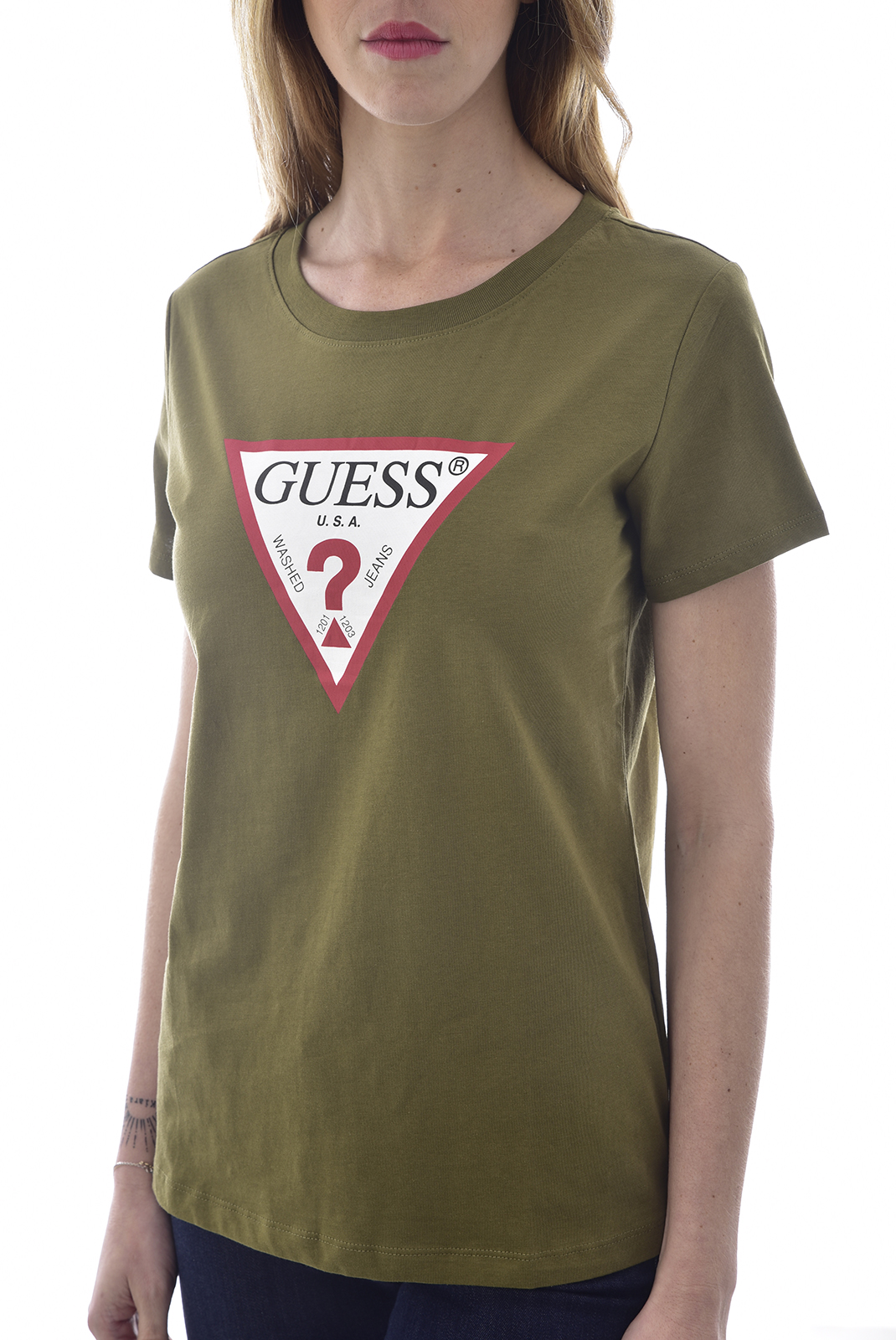 Guess Tee-shirt Vert À Manches Courtes Col Rond Triangle