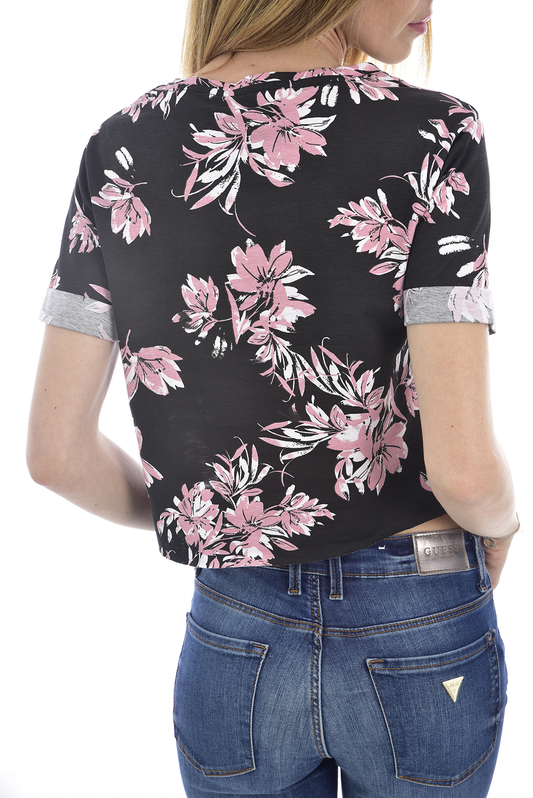 Guess Crop Top Noir Fleuri À Manches Courtes O02a18