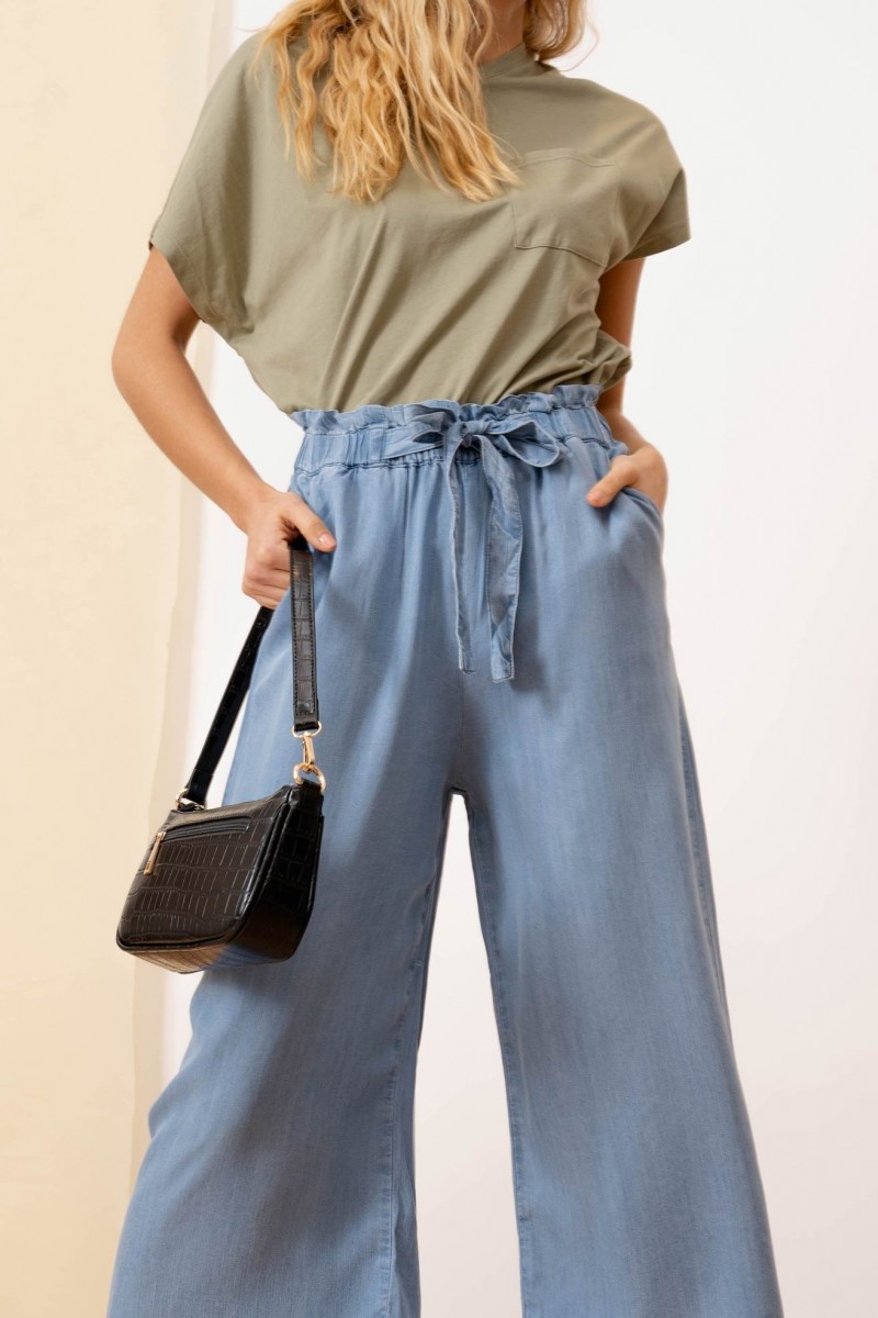 Pantalon bleu oversize tencel avec ceinture - femme