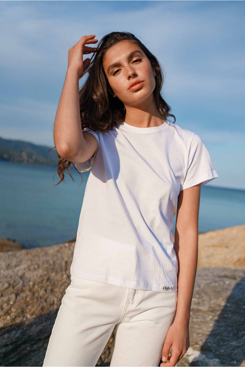 Tee-Shirt blanc uni en coton & col rond - femme