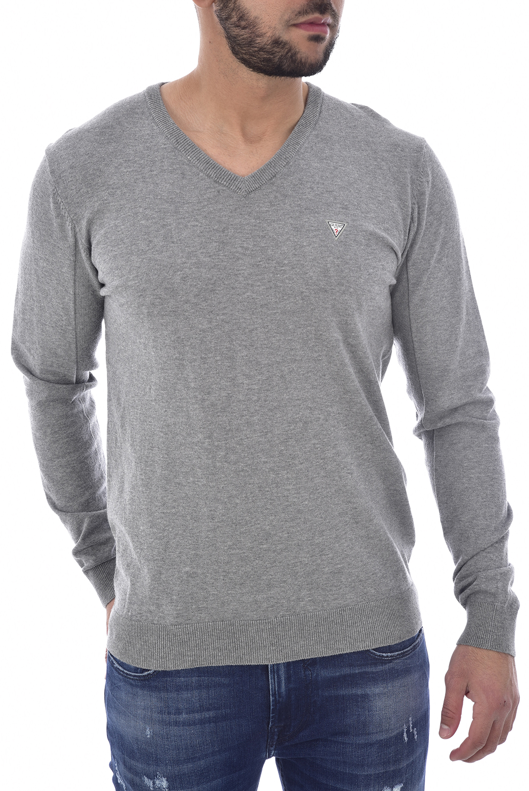 Pull gris uni regular col v homme - Guess M92r04