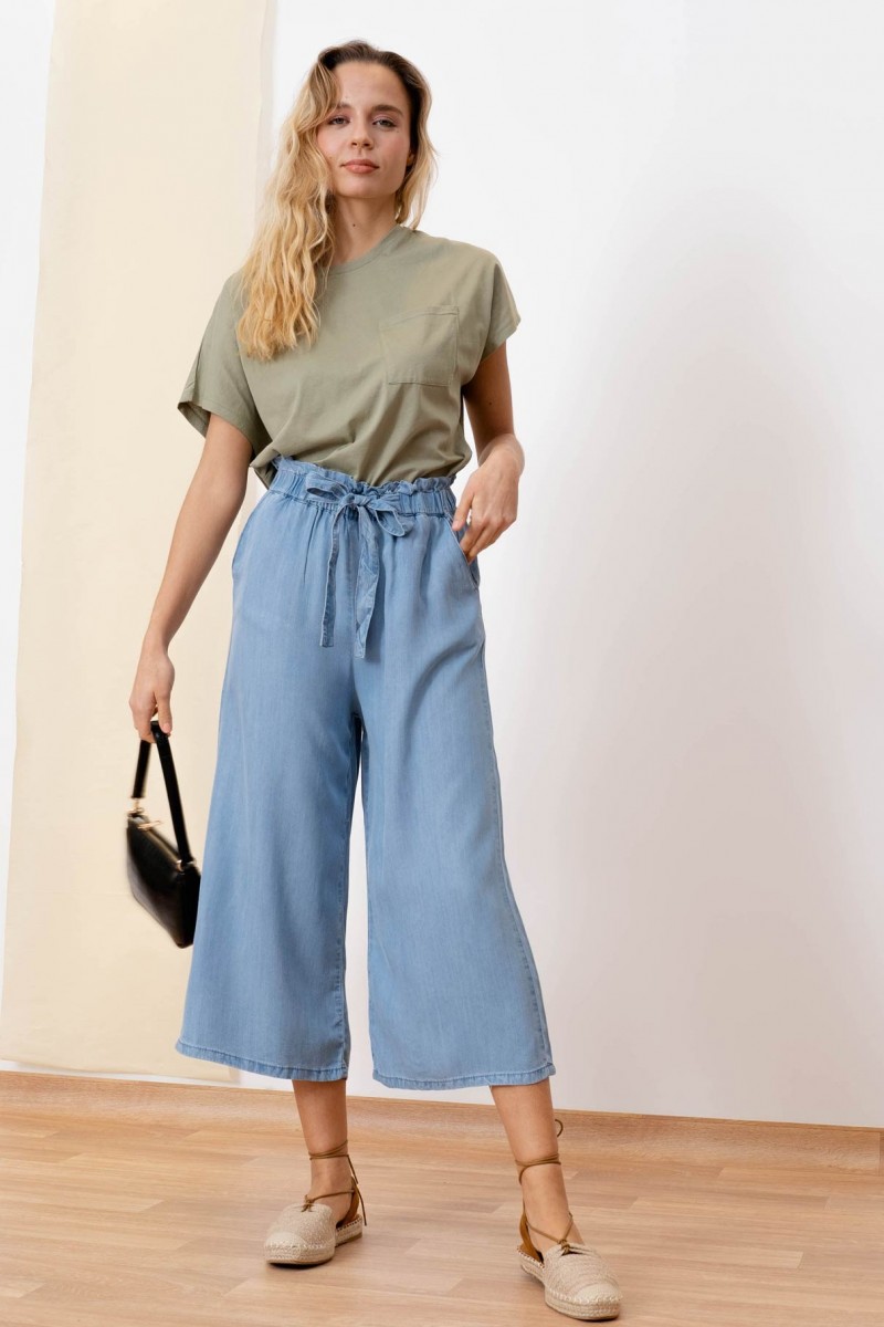 Pantalon bleu oversize tencel avec ceinture - femme