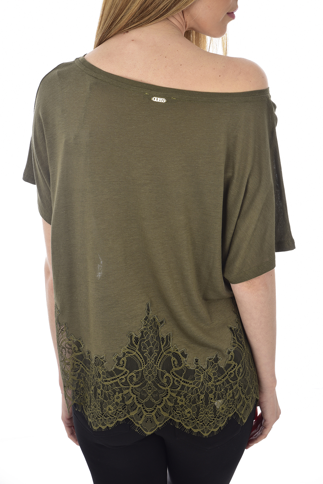 Tee-shirt vert e lin dentelé femme - Guess W92p82