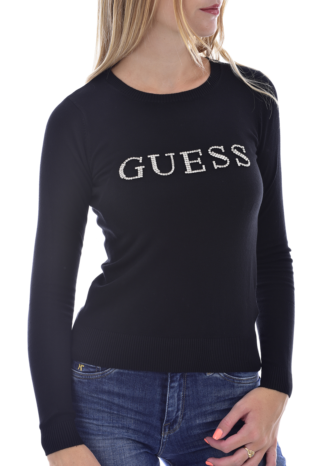 Pull noir regular avec logo Guess - W0br0