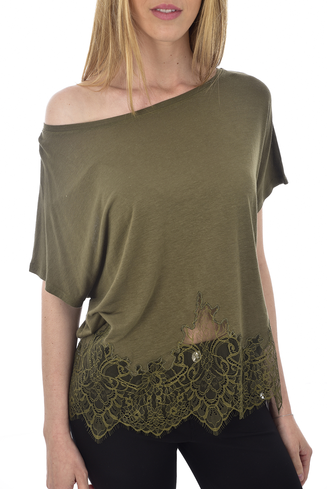 Tee-shirt vert e lin dentelé femme - Guess W92p82