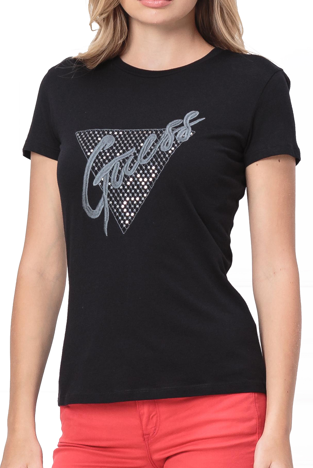 Tee-shirt noir strasse print femme Guess - W92i53